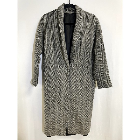 Herringbone One Button Single Breasted Long Overcoat Black White - Picture 1 of 7